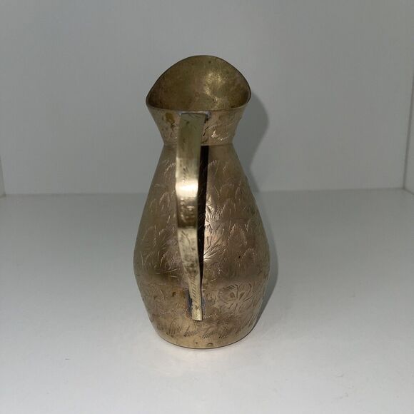 Solid Brass Bud Vase Pitcher Etched Leaves Leaf Design Made in India - Picture 2 of 6